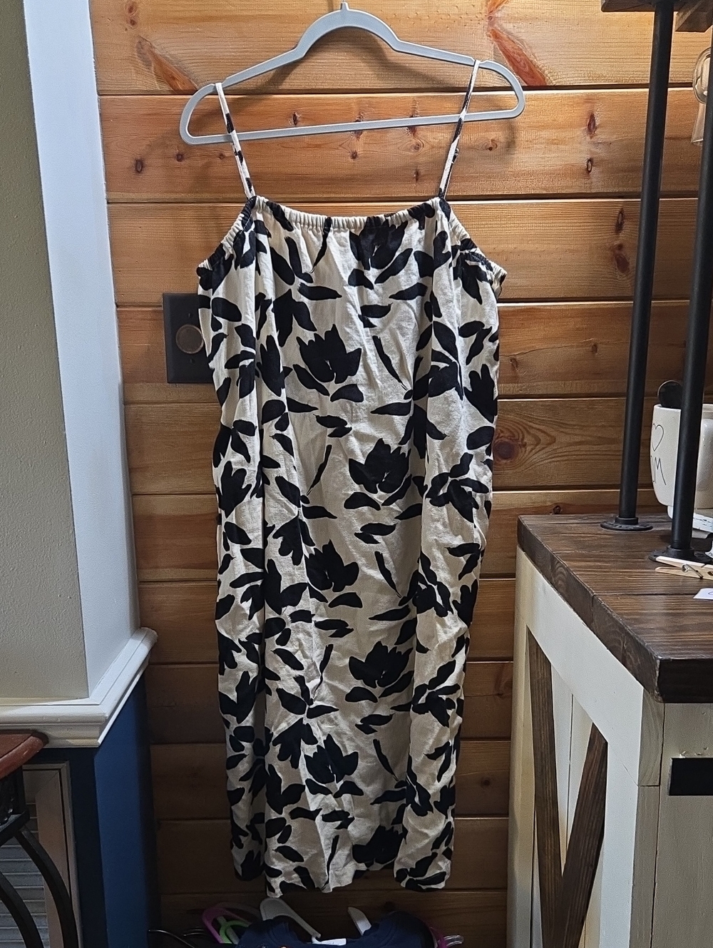 a new day Chic Summer Cream and Black Linen Midi Dress With Pockets Lg